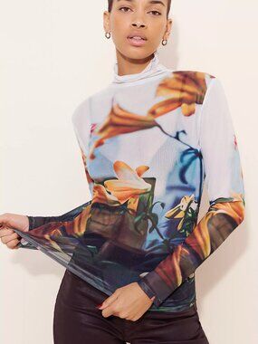 FIND ME NOW Paulie Tiger Lillies Mesh Mock Neck L/S Top Shirt sz XS/S